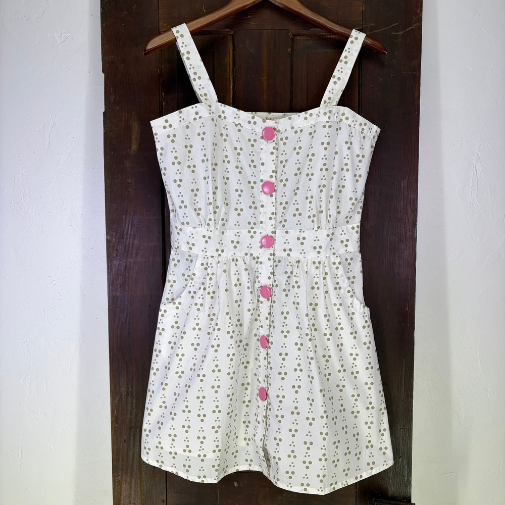 Kiup White Polka Dot Button Front Sundress Pink Buttons Pockets Size M Y2K Beach